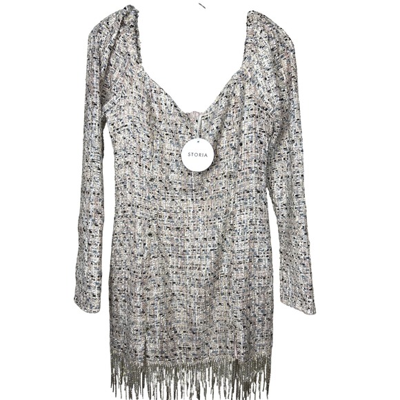 Storia Dresses & Skirts - STORIA Tweed rhinestone‎ Fringe Dress- medium-Square Neck Long Sleeve Mini NWT
